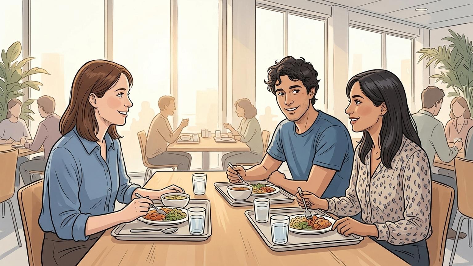Anna, Markus und die neue Kollegin Leyla essen zusammen in der Kantine