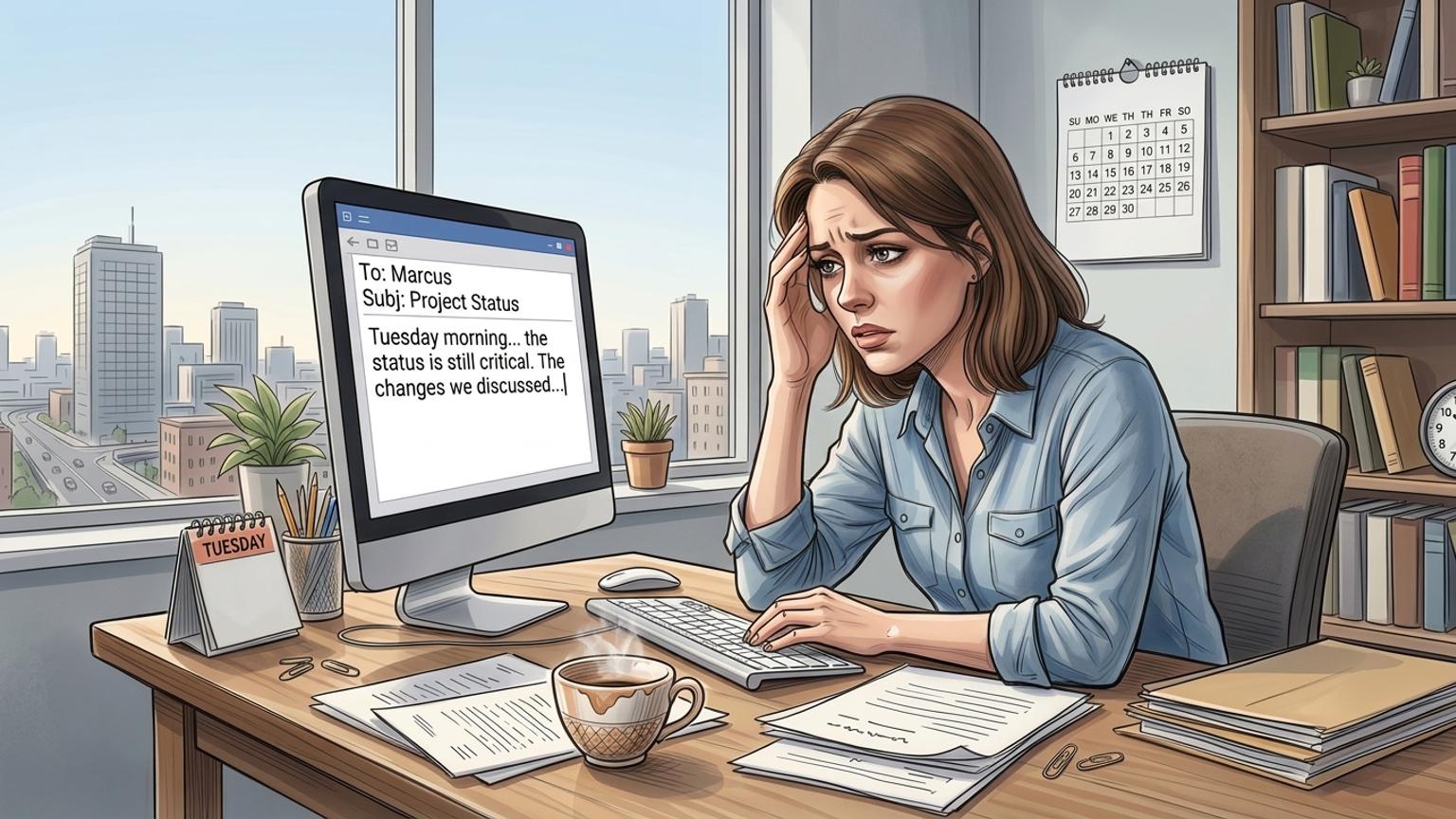Anna müde vor dem Computer, macht einen Fehler in einer E-Mail