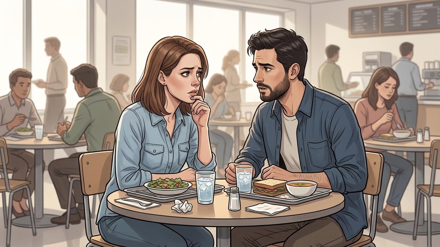 Anna spricht mit Markus in der Mittagspause