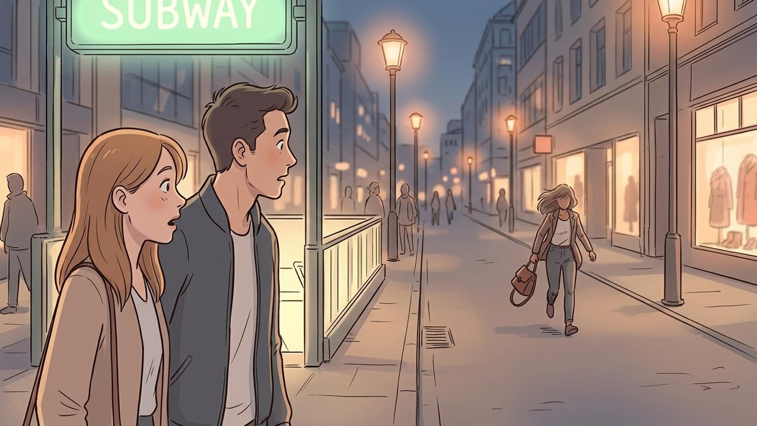 Anna und Markus sehen Leyla eilig die Straße entlanglaufen