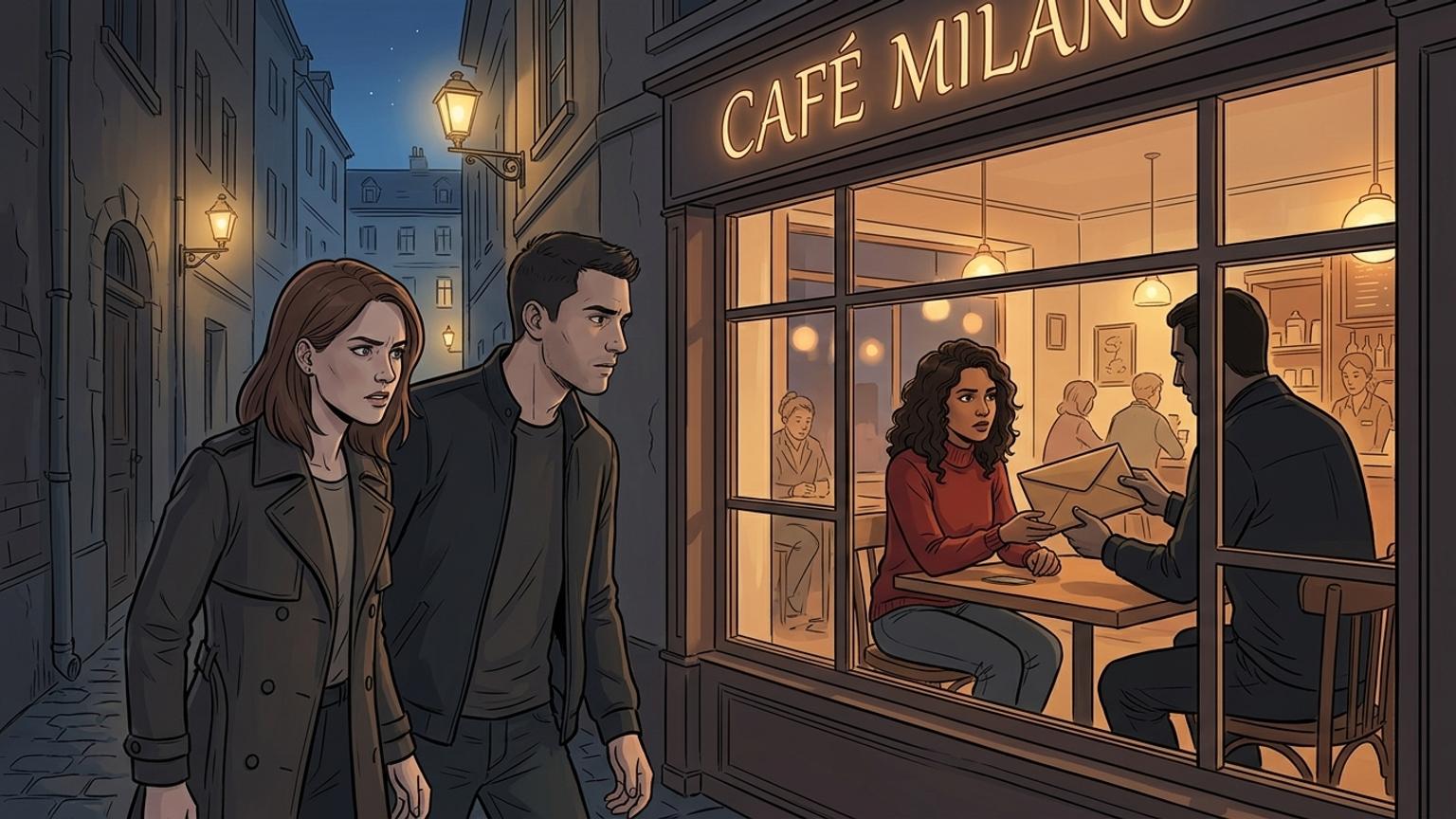Anna und Markus beobachten Leyla durch das Fenster des Café Milano
