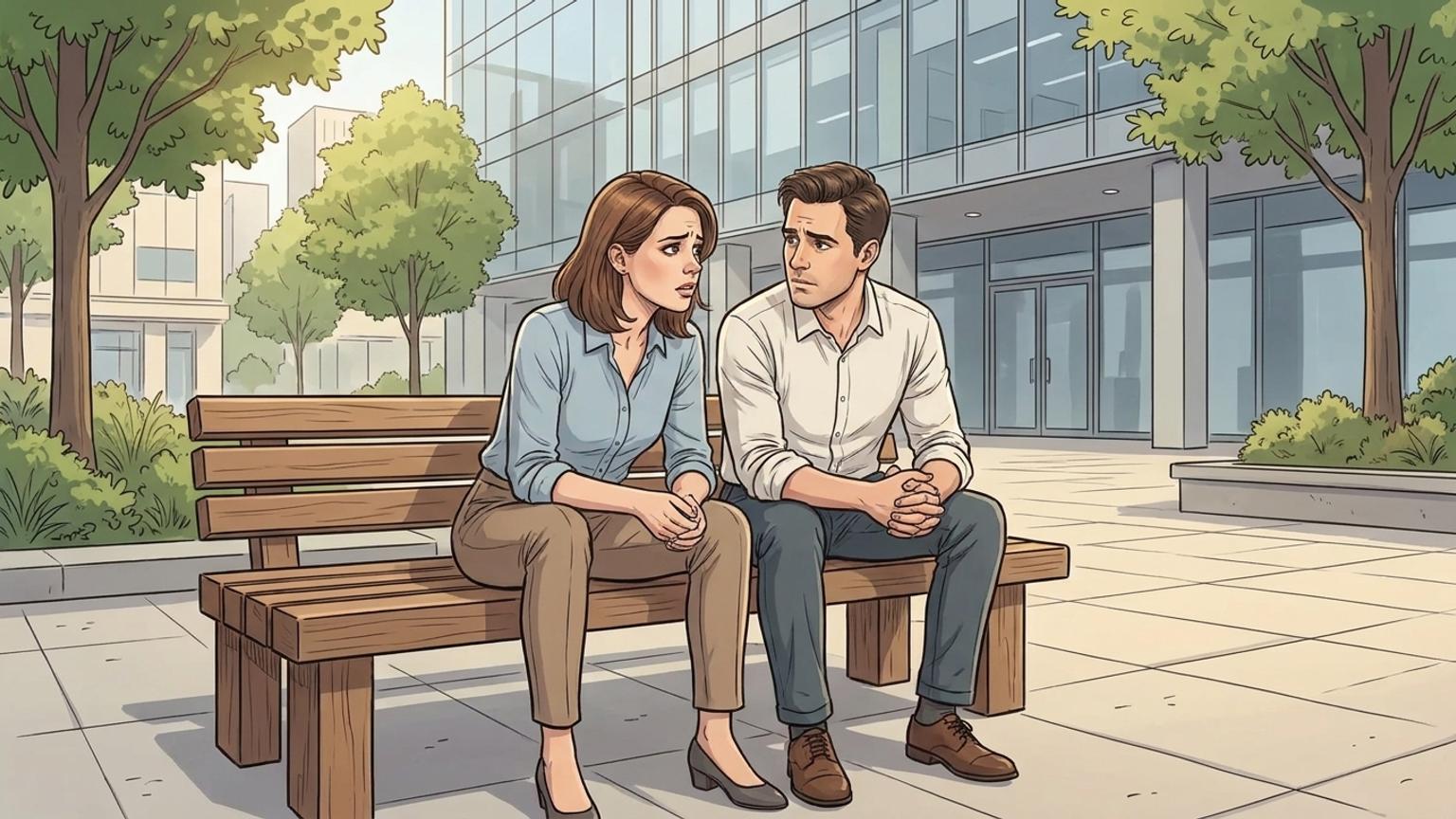 Anna und Markus reden auf der Bank vor dem Büro
