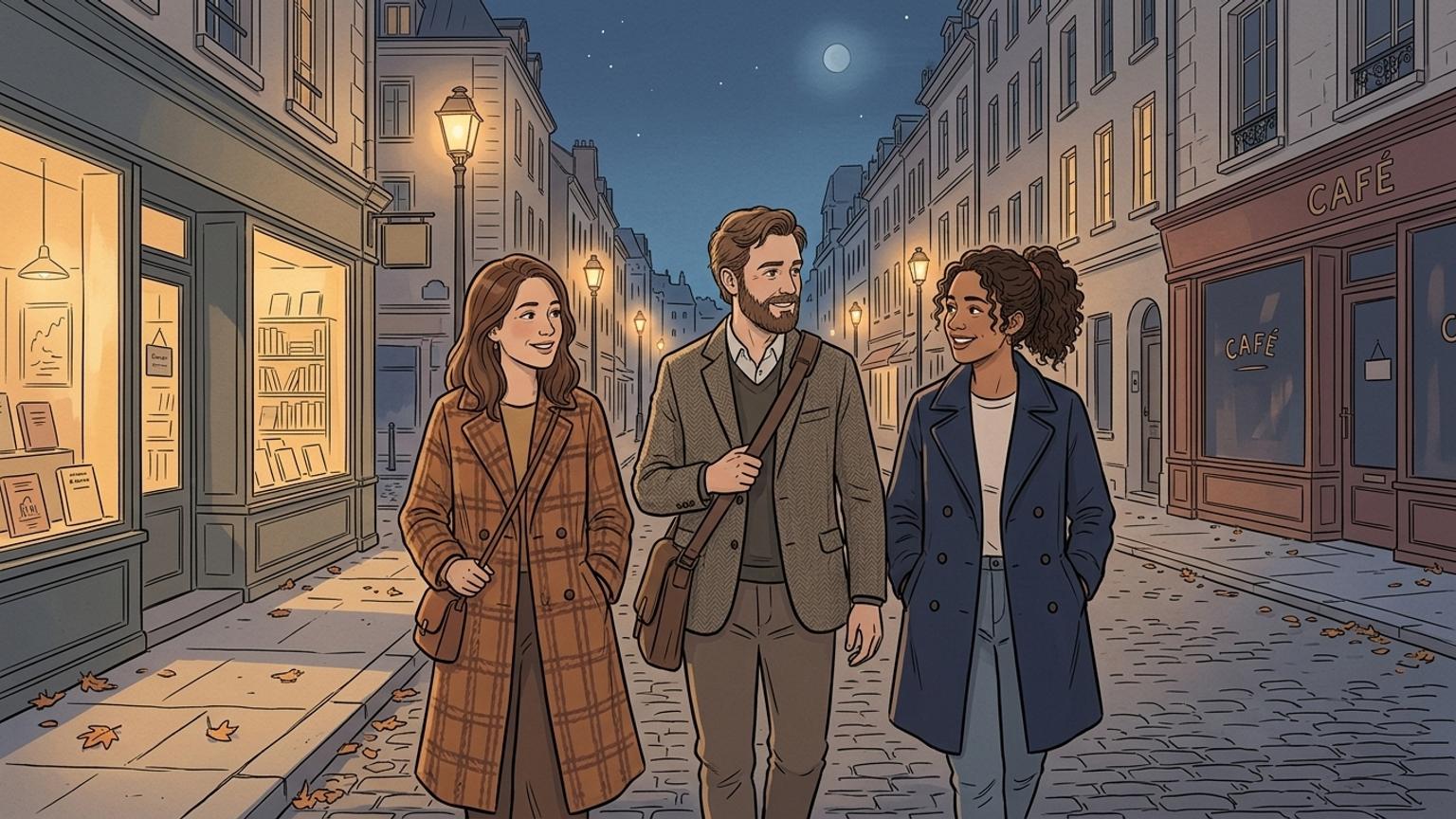 Anna, Markus und Leyla gehen zusammen aus dem Gebäude