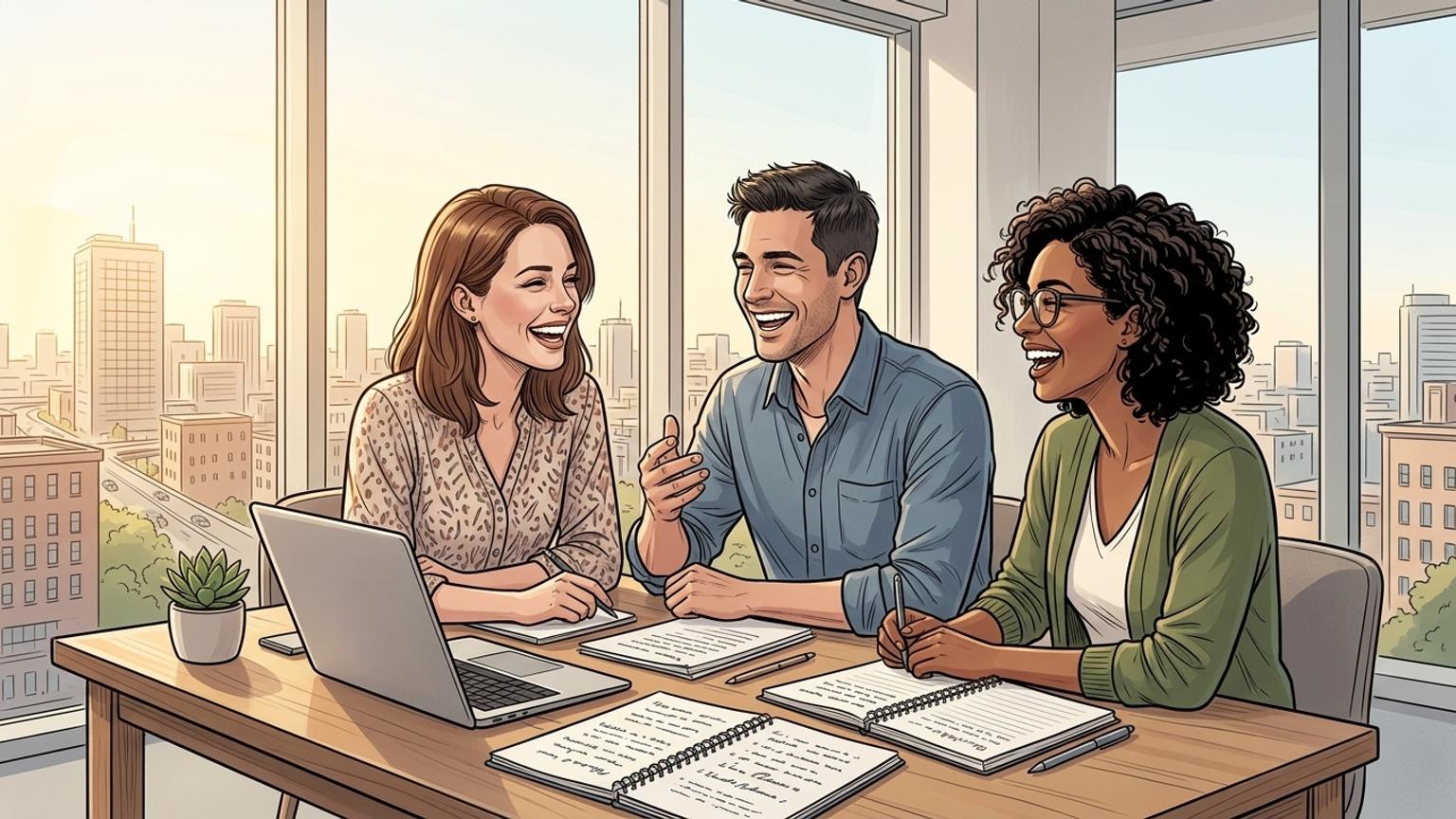 Anna, Markus und Leyla als richtiges Team im Büro am Montag