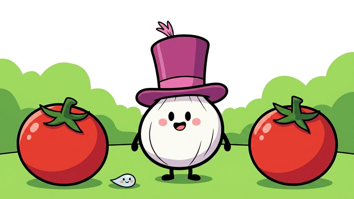 Kaspar mit lila Hut zwischen zwei Tomaten im Garten (Einführungsbild)