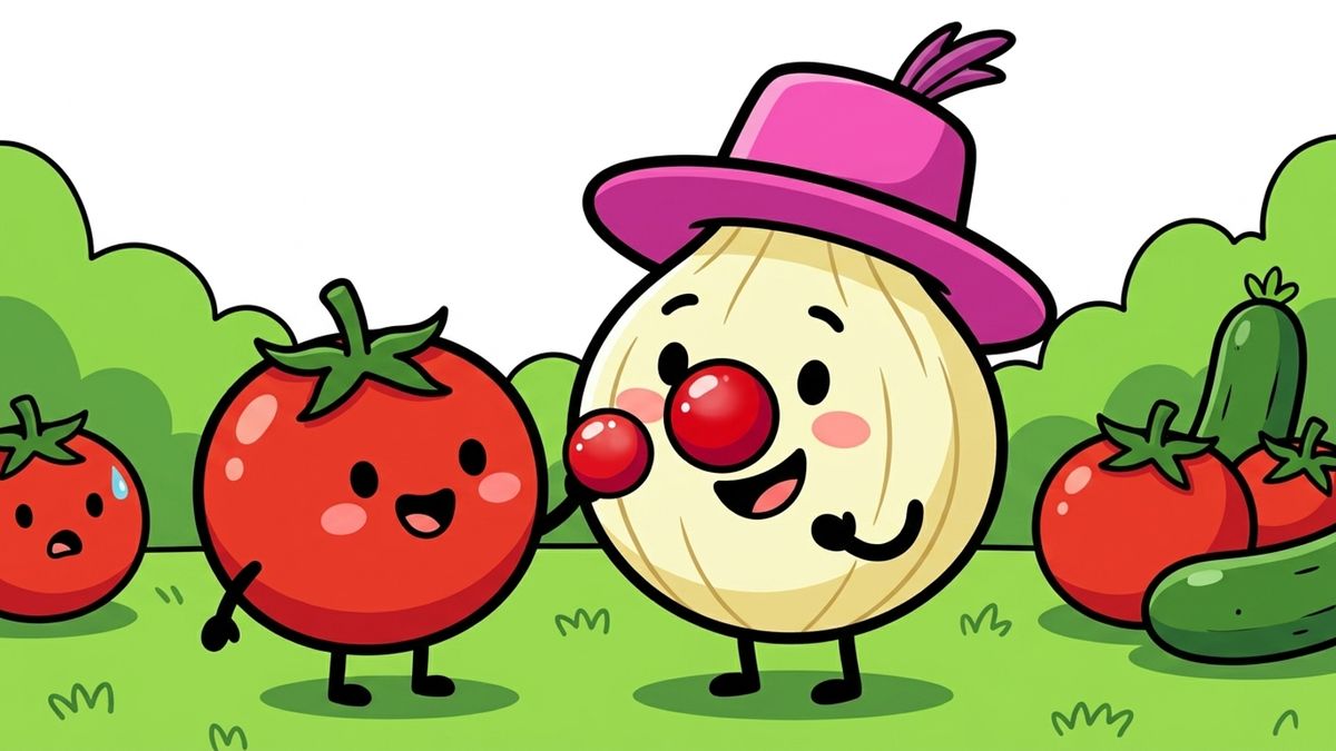 Tomate zeigt Kaspar eine große rote Clownsnase