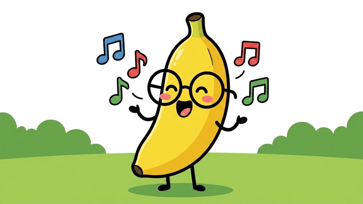 Bella Banane mit runder Brille, singt fröhlich