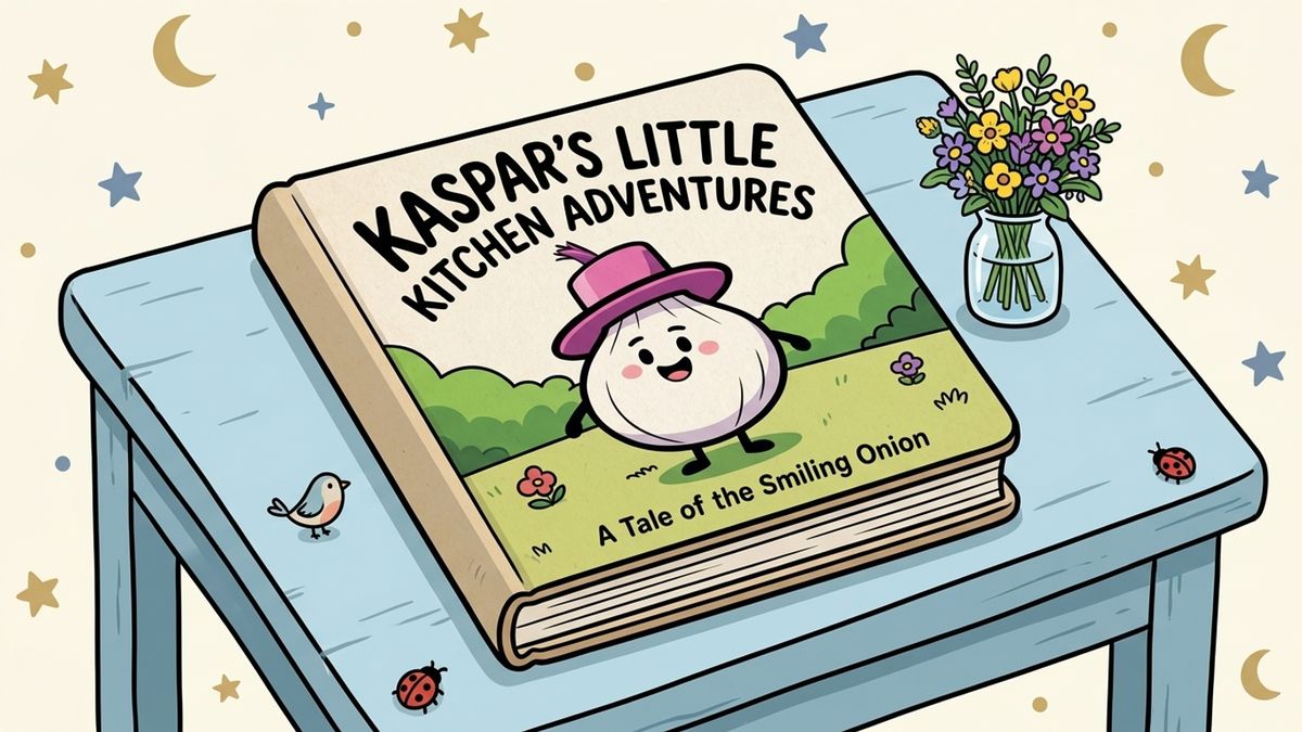 Kaspars fertiges Kinderbuch mit lachender Zwiebel auf dem Cover (NEUES BILD)